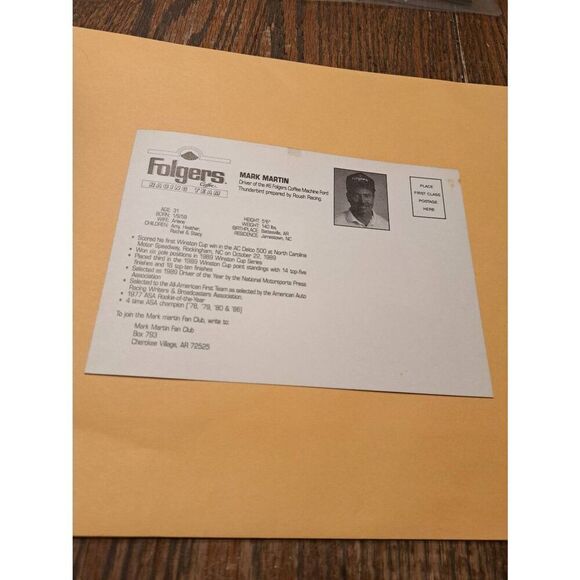 Mark Martin Folgers Racing Team Postcard 6 Ford Thunderbird Roush NASCAR Vintage - Picture 2 of 5